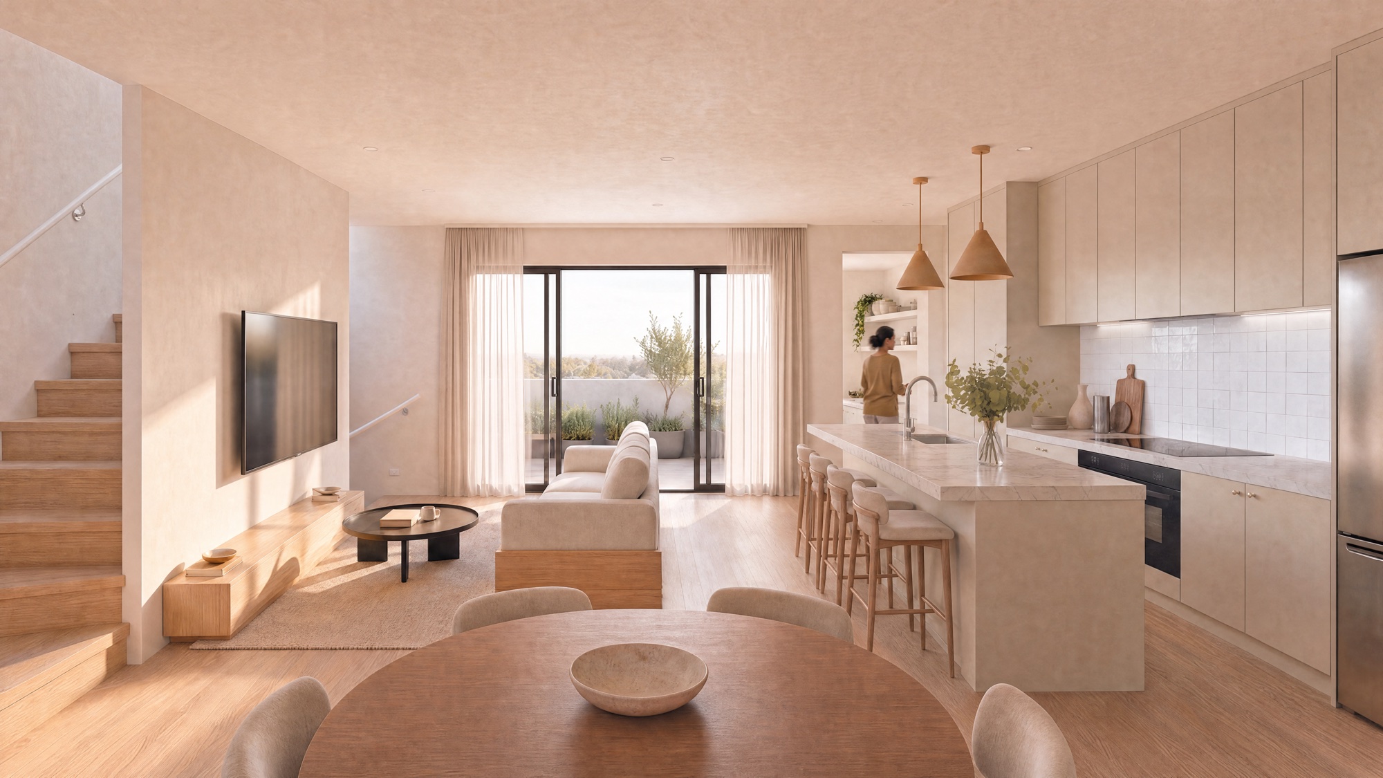 UNE — open-plan kitchen and living with garden outlook